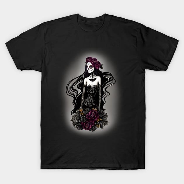 Lady skull, sugar skull, dark, catrina, skeletons lovers, cool skulls, bones, gothic floral lady T-Shirt by Collagedream